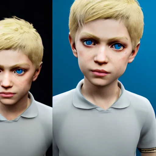 Image similar to a detailed portrait of boy with blonde hair and blue eyes, unreal engine 5 rendered, incredibly highly detailed and realistic, 8 k, sharp focus, studio quality