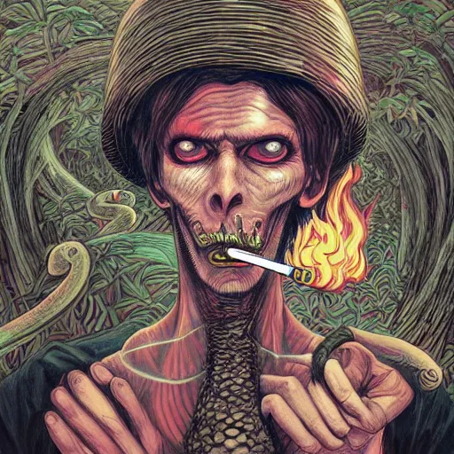 Image similar to A centered chest up portrait of a psychedelic demonic anthropomorphic snake smoking a hand-rolled cigarette smoking heavily , magic mushroom village in background , award winning. superb resolution. in the art style of junji Ito and greg rutkowski . Detailed Mushroom city in background. Hyper realistic anime. Perfect art. Dalle2