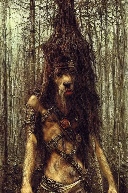 Image similar to slavic dog head man, woolen torso in medieval clothes, hiding in the forest, orthodox saint christopher, art by luis royo, oil painting, painting by viktor vasnetsov, concept art, hyperrealism, beautiful, high resolution, trending on artstation,