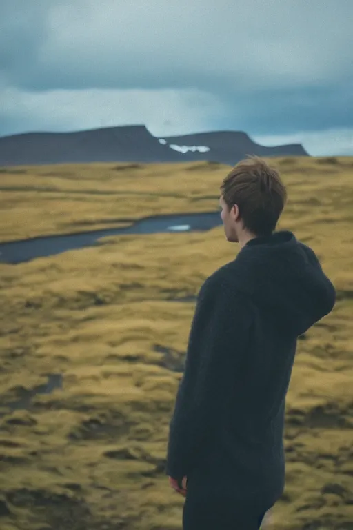 Image similar to kodak color plus 2 0 0 photograph of a skinny guy looking at beautiful iceland scenery, back view, vaporwave colors, grain, moody lighting, moody aesthetic,