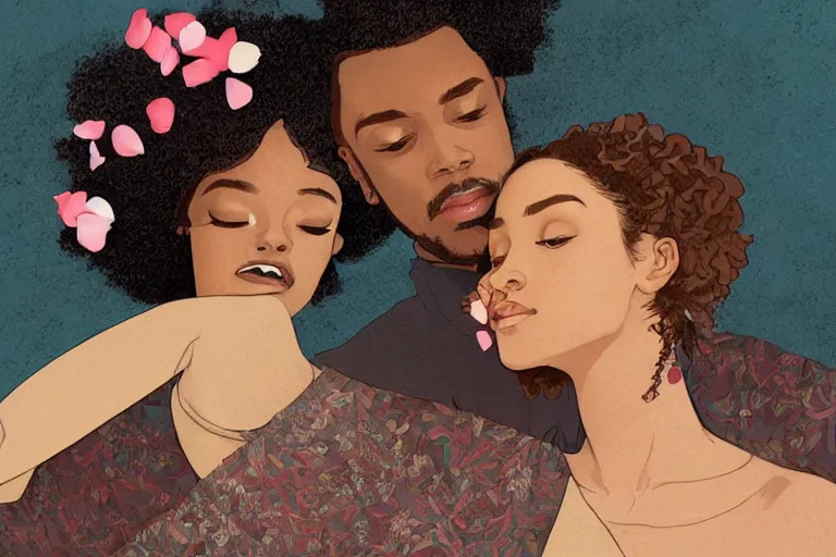 Image similar to portrait of a happy black couple posing together, holding hands surrounded by falling flower petals, crisp digital illustration by artgerm,, by mucha by caravaggio and face by wlop