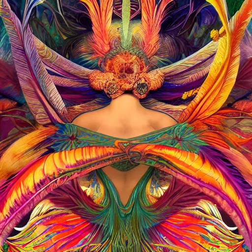 Image similar to A reality bending psychedelic ayahuasca experience, colorful, distorted, surreal, tropical bird feathers, dramatic lighting on the face, intricate, elegant, highly detailed, digital painting, concept art, smooth, sharp focus, illustration, art by Krenz Cushart and Wayne Barlowe and alphonse mucha