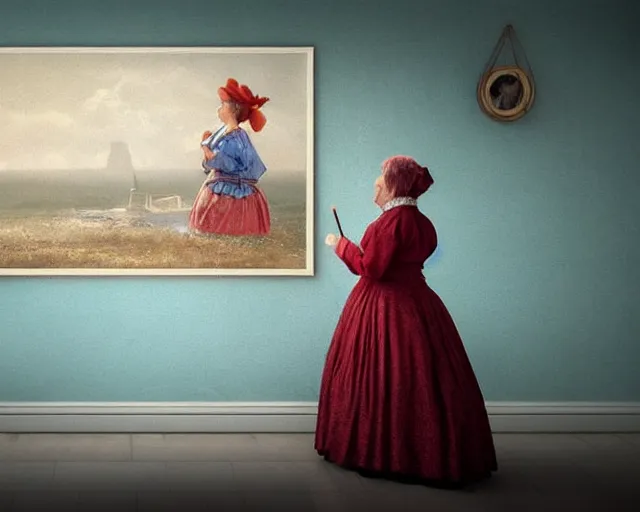 Image similar to an innocent and beautiful scene in hyper realistic style, about an old and lonely woman painting a huge colorful fish on the wall, and modeling a victorian dress. 4 k. wide angle. wild. red mouth, blue eyes. deep focus, lovely scene. ambient occlusion render. unreal engine.