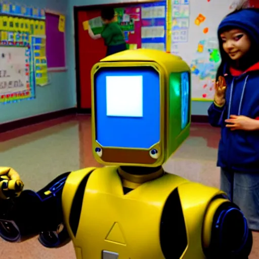 Image similar to cyberpunk robot teaching kids in an elementary school, national geographic photography, 3 d, looks like it was made by dall - e 2