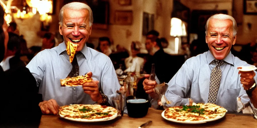 Prompt: color film of joe biden eating pizza in an italian restaurant 1 9 9 4 im the film of forest gump, grinning, close up, detailed