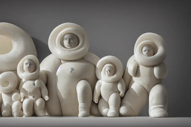 Image similar to alabaster sculpture of the Bibendum family portrait model illuminated from behind, Michelin Man family portrait, luminescence scattered light, sculpture, photograph, studio lighting, product photography, while marble, figurine, cryengine,