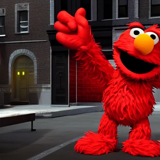 Image similar to Cinema4d 3d octane render of giant Elmo from sesame street being depicted as a 90’s rapper in New York City, highly detailed, 4K, moody lighting