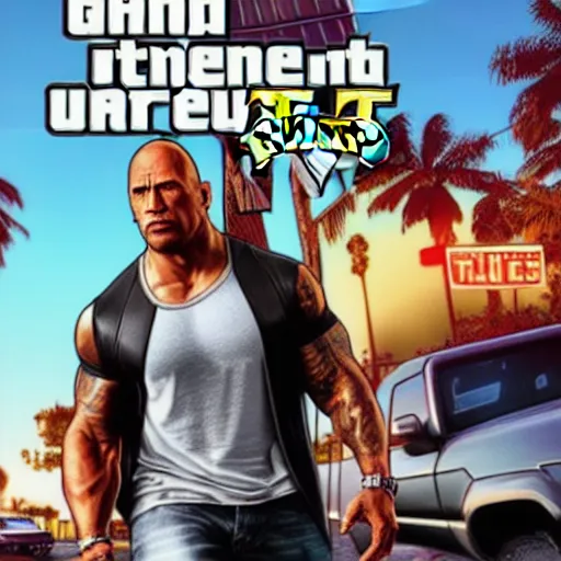 Prompt: dwayne johnson as grand theft auto v cover art,