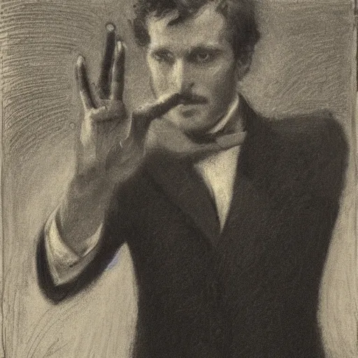 Prompt: portrait of an action hero in suit and tie, raising his hand to summon a blinding light, by alfred stevens in charcoal