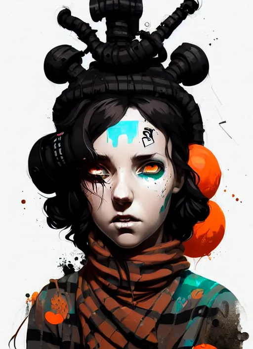 Image similar to highly detailed portrait of a sewer punk lady, tartan hoody, ringlet hair by atey ghailan, by greg rutkowski, by greg tocchini, by james gilleard, by joe fenton, by kaethe butcher, gradient orange, black, cream and white color scheme, grunge aesthetic!!! ( ( graffiti tag wall background ) )