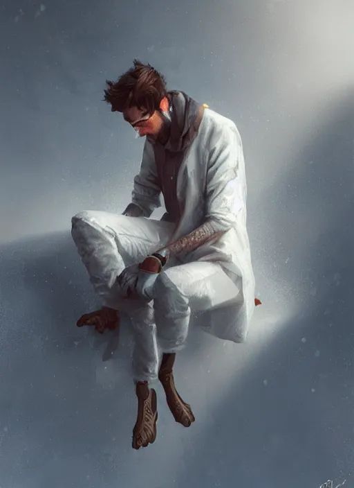 Image similar to singer damiano david sitting on a small icicle, elegant, realistic, digital painting, concept art, smooth, sharp focus, illustration, by ruan jia and mandy jurgens and artgerm and william - adolphe bouguerea