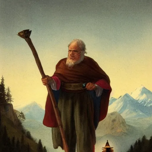 Prompt: An old man wearing a cloak standing on a mountain peak. He is carrying a staff in one hand and a lit lantern containing a six-pointed star in the other. In the background is a mountain range.