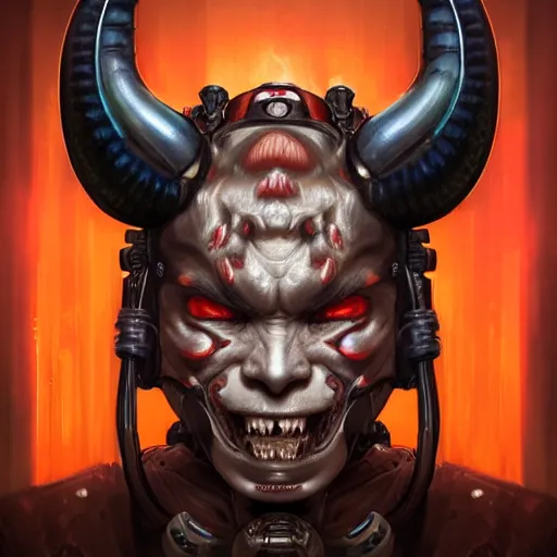 Image similar to portrait, cyberpunk japanese oni demon with horns and circuitry, augmented, stern expression, long hair, highly detailed, digital painting, artstation, concept art, smooth, sharp focus, illustration, artgerm, tomasz alen kopera, peter mohrbacher, donato giancola, joseph christian leyendecker, wlop, frank frazetta