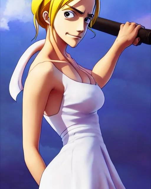 Image similar to emma watson as nami from one piece, simple cream dress, detailed perfect face, mid view, by artgerm, by studio muti, greg rutkowski makoto shinkai takashi takeuchi studio ghibli