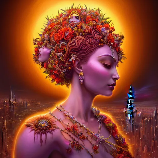 Image similar to Beautiful 3d render of the flower queen goddess in a sensual pose, centered, symmetry, with the third eye on her forehead, painted, intricate, volumetric lighting, beautiful, rich deep colours masterpiece, sharp focus, ultra detailed, in the style of Dan Mumford and marc simonetti, with a clear crowded futuristic cyberpunk dubai city in the background, astrophotography