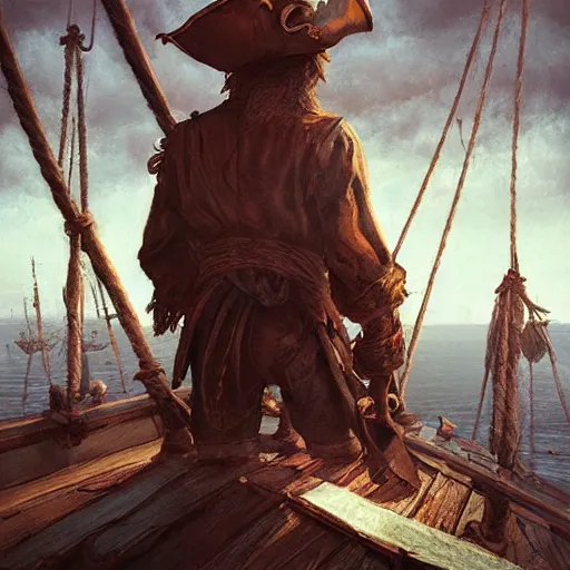 Image similar to pirate on ship's crow nest watching for a land ,hyperdetailed,hyperrealistic,photorealistic,art by trevor henderson,greg rutkowski,artstation,deviantart,professional lighting,western comic style,sharp lineart,eerie,cg society