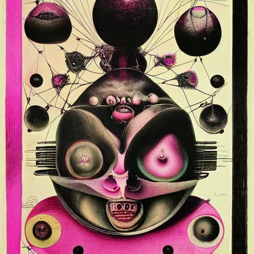 Prompt: post - punk new age album cover, asymetrical design, magic, apocalypse, psychedelic, black white pink, magic, giger h. r., giuseppe arcimboldo