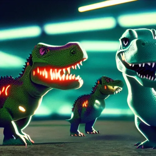 Image similar to baby dinosaurs in tron movie, cinestill