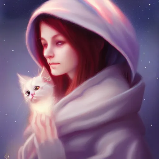 Prompt: colorful and Festive Captivating cute mage white kitten, with a blue hoodie, atmospheric lighting, painted, intricate, highly detailed by Charlie Bowater