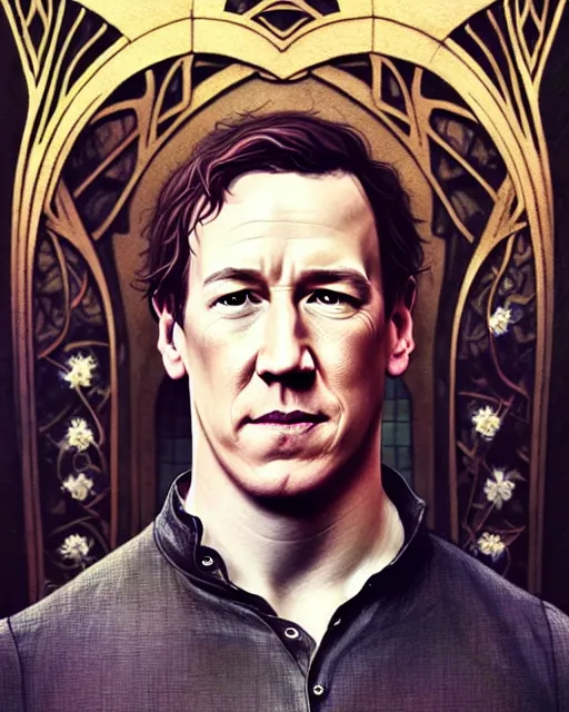Image similar to beautiful and playful ethereal tobias menzies ( outlander ) portrait, art nouveau, fantasy, intricate flower designs, elegant, highly detailed, sharp focus, art by artgerm and greg rutkowski and wlop