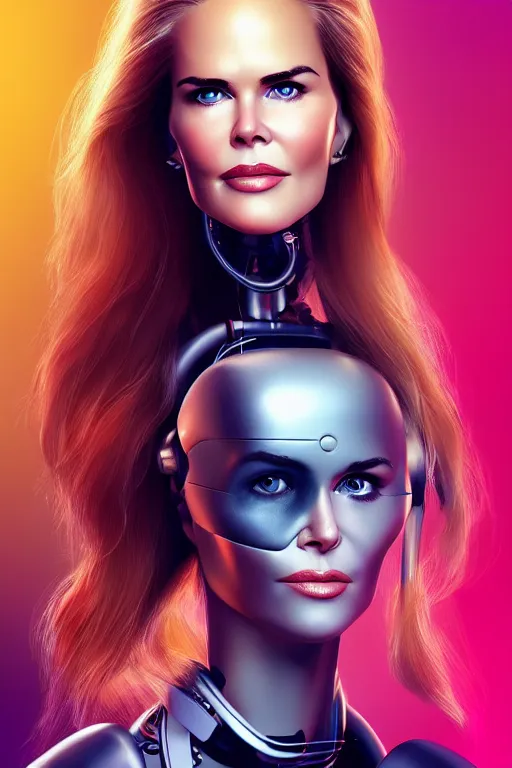 Image similar to mix of beautiful young maria shriver, mariel hemmingway, brooke shields, nicole kidman and elle macpherson as a cyborg terminator, thin lips, hair tied up in a pony tail, dark blonde hair, colorful, artstation, cgsociety