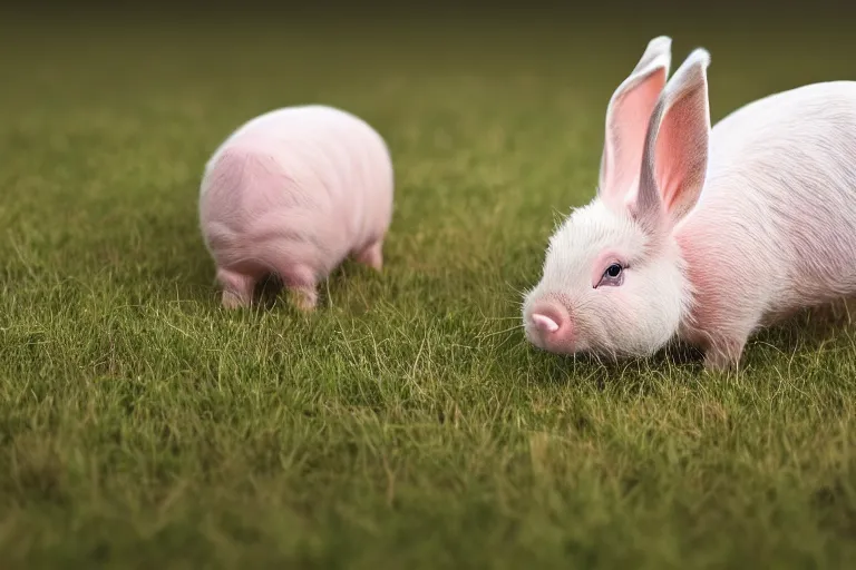 Prompt: a bunny pig hybrid on a grassy field, hyperrealistic, realistic lighting, wildlife photography, natural colors, national geographic photo, hd, wide angle, 8 k, sigma 8 5 mm f 1. 4