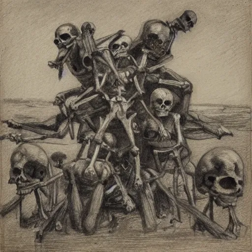 Image similar to an army of skeletons rising from a river by alfred stevens, charcoal