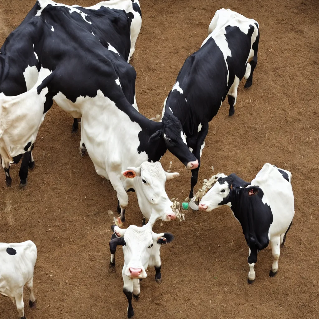 Image similar to a single cow with very large udders, she is spraying milk everywhere