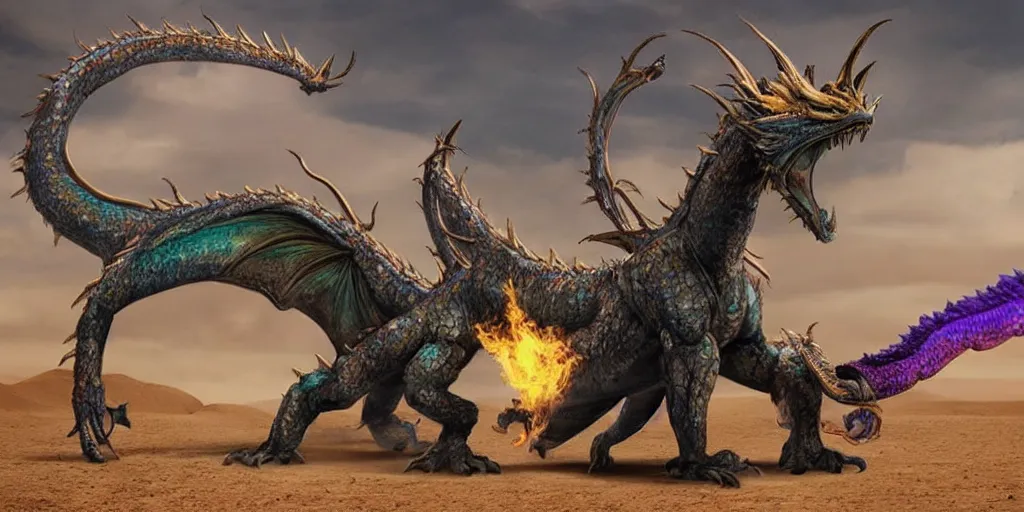 Prompt: an eighteen foot tall dragon with one green head one grey head one blue head one purple head and one gold head breathing fire from its purple head and attacking a small town in the middle of the desert