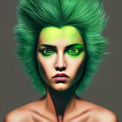 Image similar to symmetrical portrait of beautiful woman with green fuzzy hair, by nick silva, ja mong, digital, soft painting, photorealism