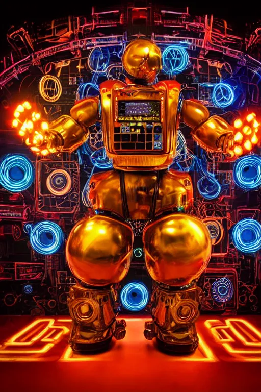 Image similar to portrait photo of a giant huge golden and blue metal humanoid steampunk robot dj with multicolored big gears and tubes, a red dj booth, eyes are glowing red lightbulbs, shiny crisp finish, 3 d render, 8 k, insaneley detailed, fluorescent colors, background is multicolored lasershow