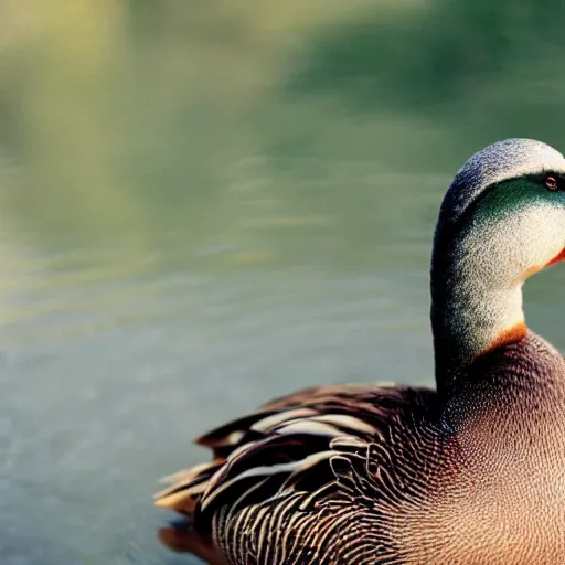 Prompt: A closeup film photography of a Duck, photo by Louise Dahl-Wolfe, award winning, 4K