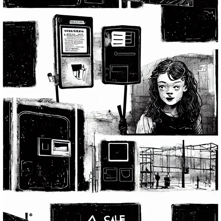 Prompt: sadie sink as a coal miner : inserts a card into a slot. inside a minimalist dirty automated kiosk. bright tasty food options displayed on a wall. black tiles on walls. a seat and table. black and white, pencil and ink. by gabriel hardman, joe alves, chris bonura. cinematic atmosphere, detailed and intricate, perfect anatomy