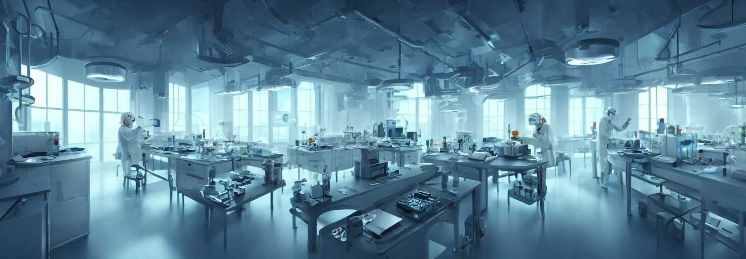 Image similar to brightly lit organic chemistry laboratory from the distant future, science fiction industrial hard science concept art, 8K render octane high definition cgsociety