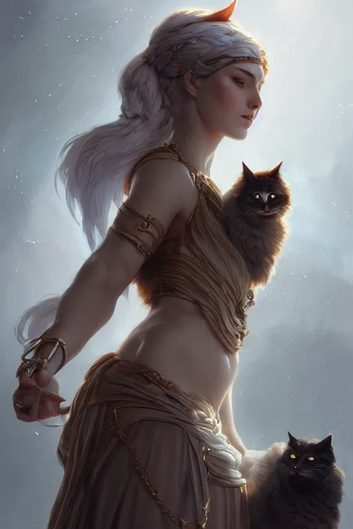 Image similar to goddess of the cats, highly detailed, digital painting, artstation, concept art, smooth, sharp focus, illustration, unreal engine 5, 8 k, art by artgerm and greg rutkowski and edgar maxence