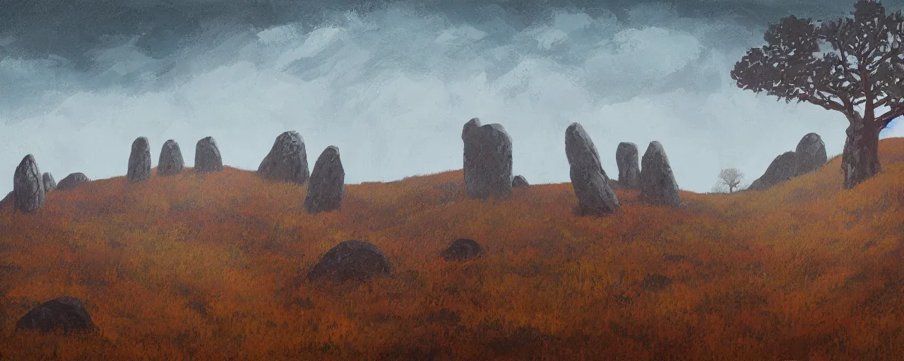 Image similar to a meadow hill landscape with tall stones on the top forming a circle, by anato finnstark