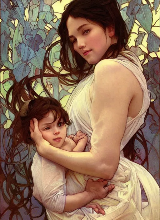 Prompt: a mother holding her baby, beautiful painting by artgerm and greg rutkowski and alphonse mucha