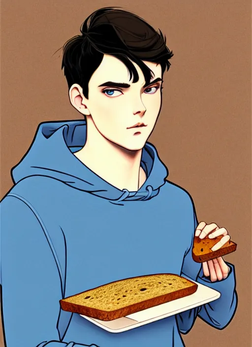 Prompt: well - lit art nouveau portrait of a young man with short black hair, very light blue eyes, pale skin, serious expression, jeans, black hoodie, eating a slice of plain wholegrain bread, natural lighting, path traced, highly detailed, high quality, cartoon, digital painting, by don bluth and ross tran and studio ghibli and alphonse mucha