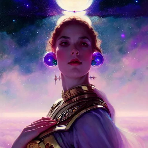 Prompt: celestial goddess, beautiful girl, galactic throne, in a galaxy, realistic, serov, surikov, vasnetsov, repin, kramskoi, charlie bowater, tom bagshaw, norman rockwell, octane rendered, unreal engine, illustration, trending on artstation, masterpiece, 8 k