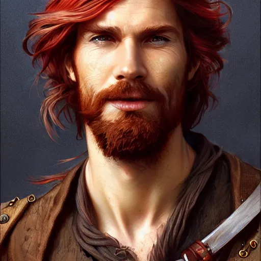 Image similar to portrait of a young ruggedly handsome but joyful pirate, male, masculine, upper body, red hair, long hair, d & d, fantasy, mischievous smirk, intricate, elegant, highly detailed, digital painting, artstation, concept art, matte, sharp focus, illustration, art by artgerm and greg rutkowski and alphonse mucha