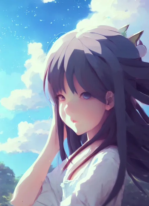 Prompt: portrait of cute catgirl, cloudy sky background lush landscape illustration concept art anime key visual trending pixiv fanbox by wlop and greg rutkowski and makoto shinkai and studio ghibli