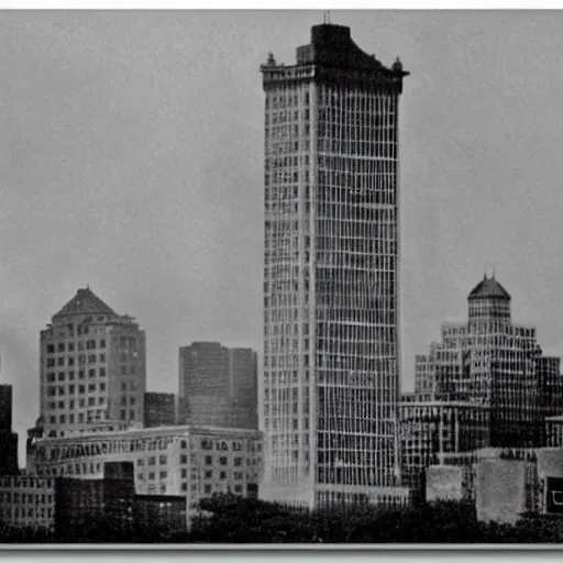 Image similar to albany skyline, godzilla attacking the corning tower, old movie