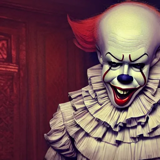 Image similar to Donald Trump with Pennywise body, realistic artstyle, wide shot, dramatic lighting, octane render, hyperrealistic, high quality, highly detailed, HD, beautiful, cinematic, 8k, unreal engine, facial accuracy, symmetrical