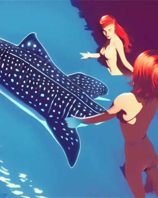 Image similar to whale shark with redhead girl, radiant lighting, cinematic, artstation by syd mead