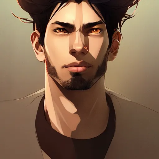 Prompt: Portrait of man with thick straight type hair and brown Peruvian-type skin, with angular face, atmospheric lighting, intricate detail, cgsociety, ambient light, dynamic lighting, anime style by Yusuke Kozaki