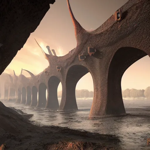 Image similar to a gigantic bridge over a pit filled with creatures, artistic render, ultrarealistic, 8 k.