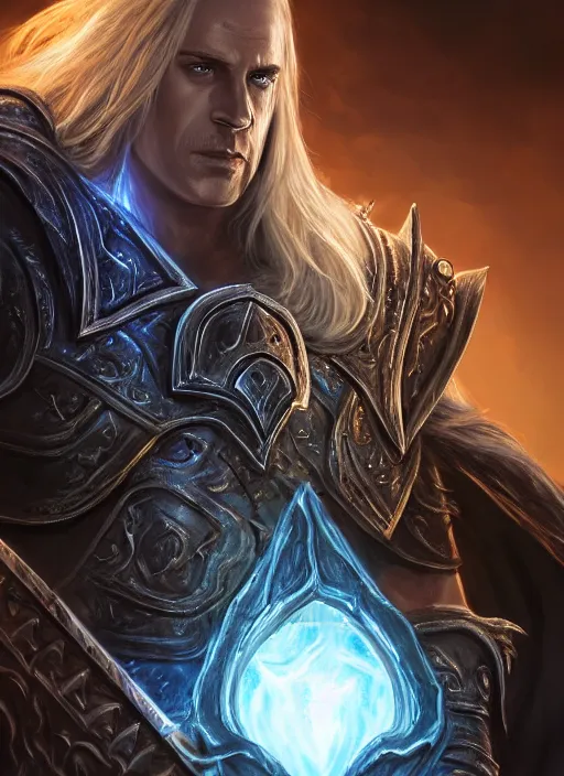 Image similar to arthas menethil, ultra detailed fantasy, elden ring, realistic, dnd character portrait, full body, dnd, rpg, lotr game design fanart by concept art, behance hd, artstation, deviantart, global illumination radiating a glowing aura global illumination ray tracing hdr render in unreal engine 5