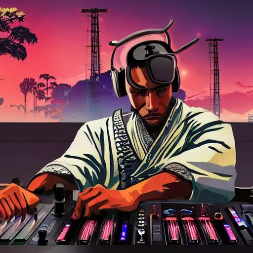 Image similar to a samurai DJing in GTAV, cover art by Stephen Bliss, boxart, loading screen