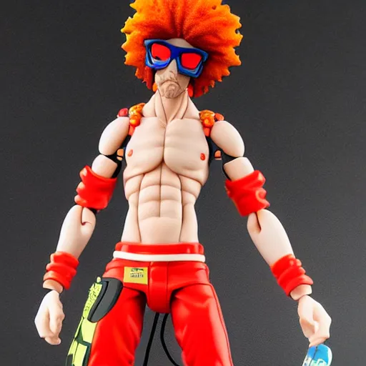 Image similar to Redfoo as a Figma anime figurine. Posable PVC action figurine. Detailed artbreeder face. Full body 12-inch Figma anime statue.