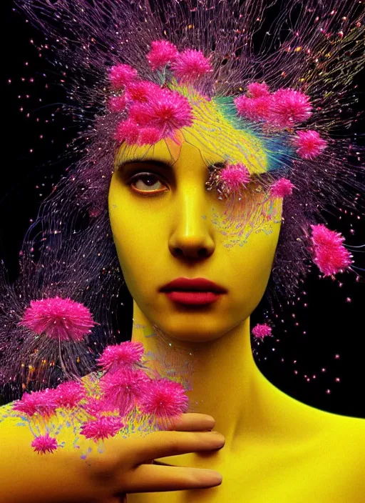 Image similar to hyper detailed 3d render like a Oil painting - black haired girl in mascara seen Eating of the Strangling network of colorful yellowcake and aerochrome and milky Fruit and Her delicate Hands hold of gossamer polyp blossoms bring iridescent fungal flowers whose spores black the foolish stars by Jacek Yerka, Mariusz Lewandowski, Houdini algorithmic generative render, Abstract brush strokes, Masterpiece, Edward Hopper and James Gilleard, Zdzislaw Beksinski, Mark Ryden, Wolfgang Lettl, Dan Hiller, hints of Yayoi Kasuma, octane render, 8k